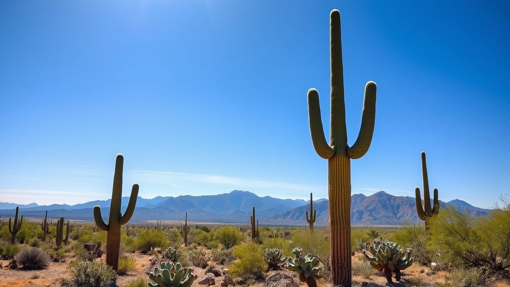Desert landscape near Tucson with saguaro cacti, blue sky, mountain vista, travel destination scenery, bright sunny conditions, photorealistic