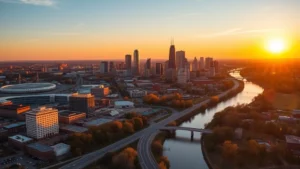 Aerial view of Tulsa skyline with Arkansas River and downtown buildings at golden hour sunset, professional photography style