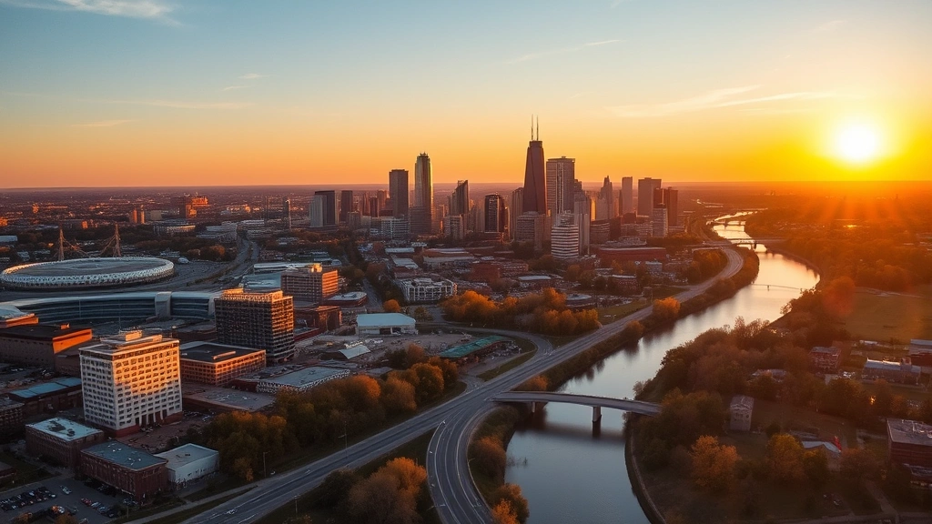 Aerial view of Tulsa skyline with Arkansas River and downtown buildings at golden hour sunset, professional photography style