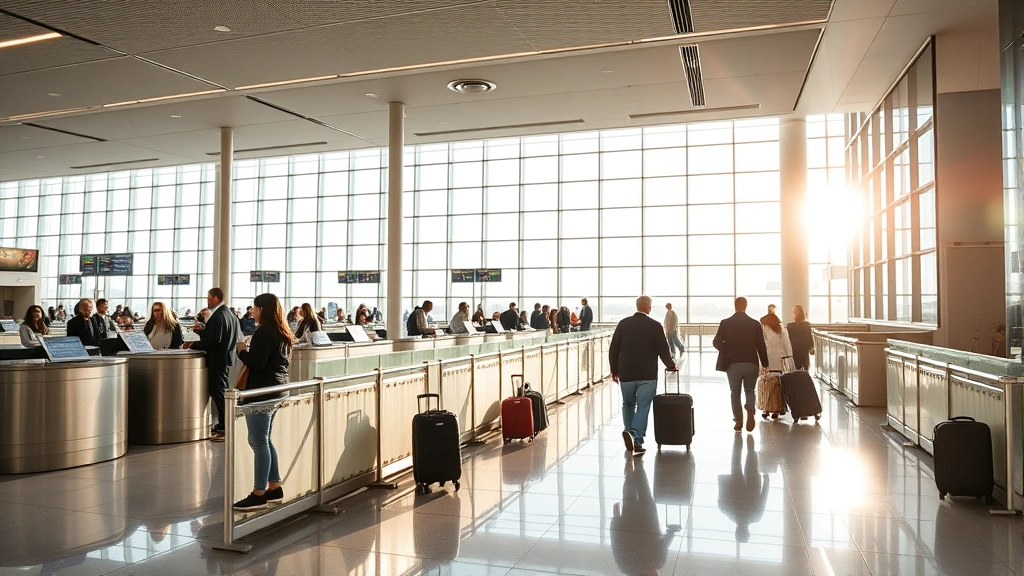 Modern airport terminal interior showing check-in counters and travelers with luggage, bright natural lighting from windows