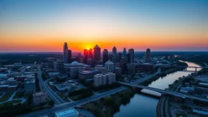 Aerial view of Tulsa skyline at sunset with Arkansas River winding through downtown, modern cityscape with clear blue sky, professional travel photography