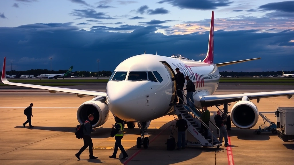 Passengers boarding commercial aircraft on tarmac at Tulsa International Airport, ground crew preparing plane, dynamic aviation activity with natural lighting