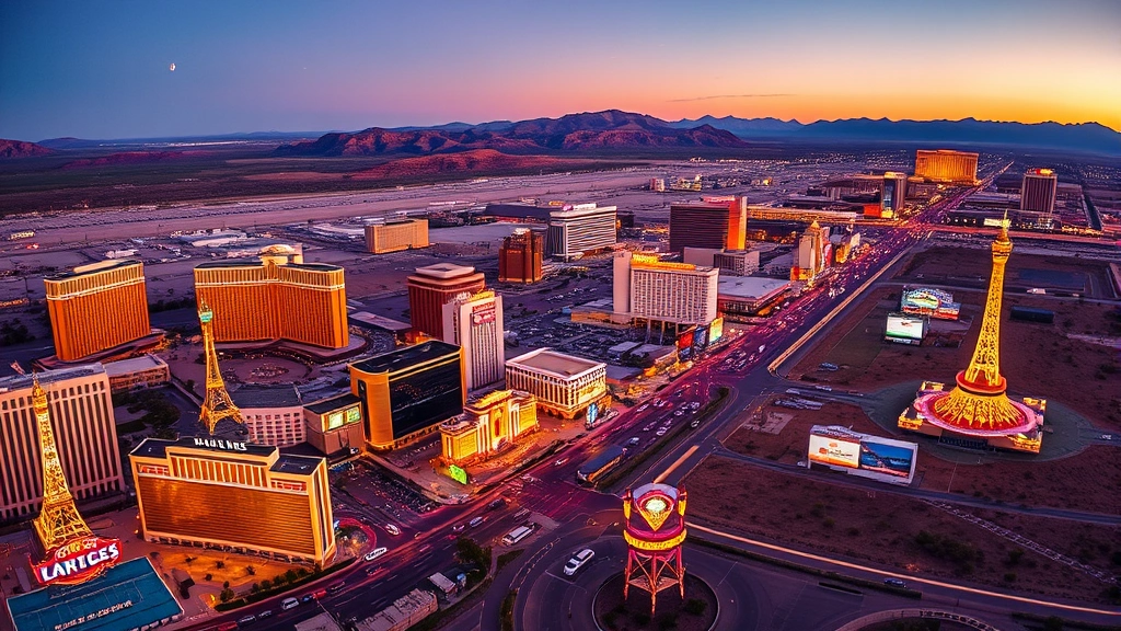 Panoramic aerial photograph of Las Vegas Strip at golden hour with neon-lit casinos, hotels, and desert landscape stretching to mountains in background, vibrant evening lighting