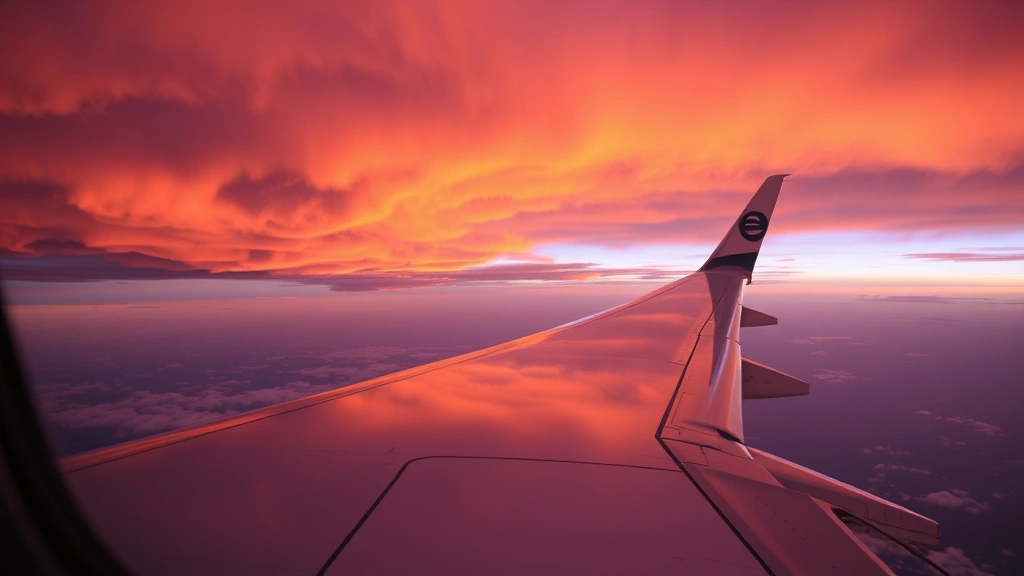 High-angle view of airplane wing in flight against dramatic sunset with orange and purple clouds, cabin interior partially visible with passenger window