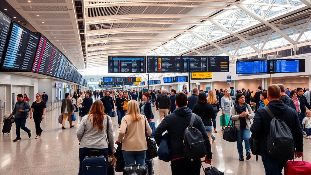 Busy airport terminal interior showing travelers with luggage near departure boards, modern architecture, bright lighting, diverse passengers moving through space