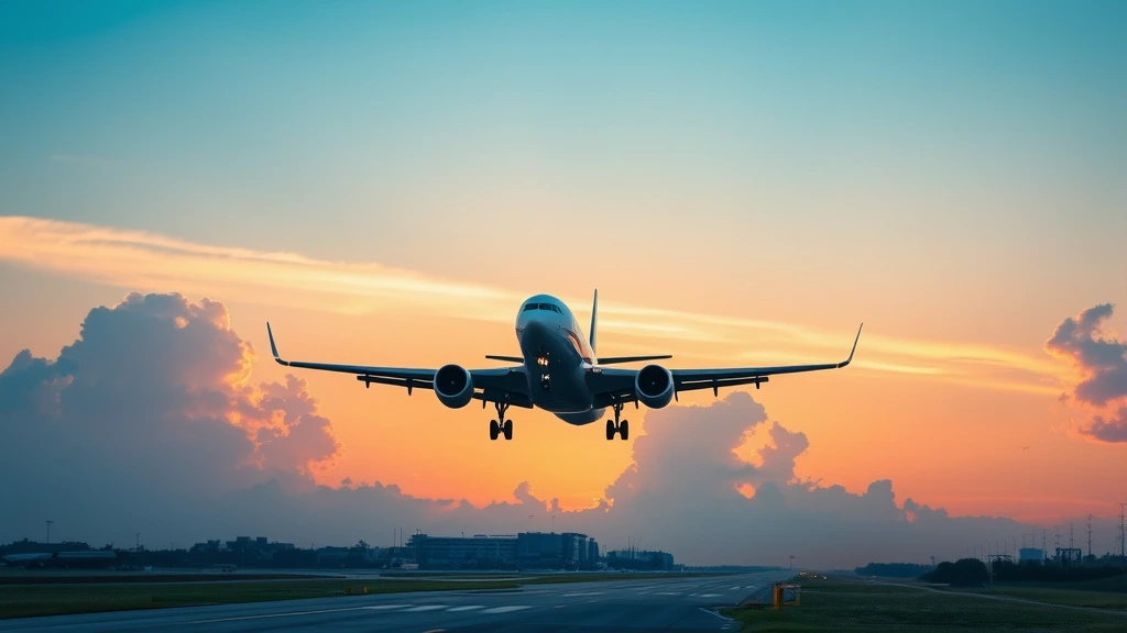 Modern commercial aircraft taking off from Houston airport runway at sunrise, blue sky with clouds, professional aviation photography