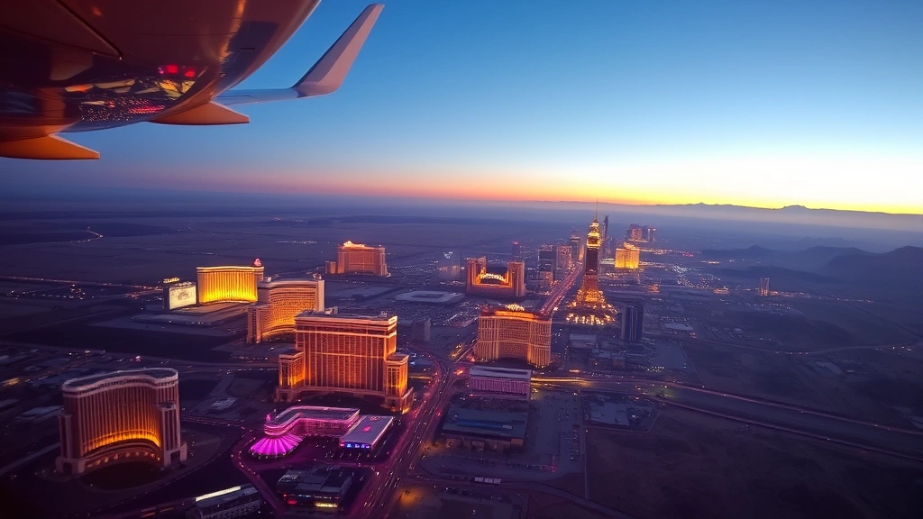 Aerial view of Las Vegas Strip with hotels and casinos from airplane window during approach, desert landscape surrounding city at dusk