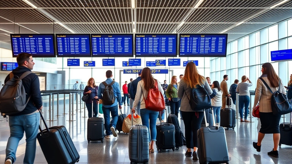Travelers with luggage at modern airport terminal gate area, checking flight information boards, casual vacation atmosphere