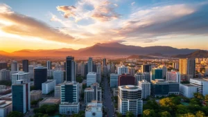 Aerial view of Caracas skyline with modern buildings and Avila mountain backdrop at sunset, golden hour lighting, photorealistic travel photography