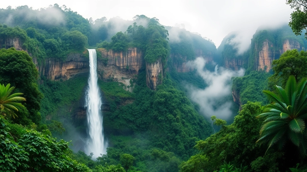 Scenic Venezuelan landscape featuring Angel Falls waterfall cascading through lush jungle forest canopy, misty tropical rainforest, natural wonder photography