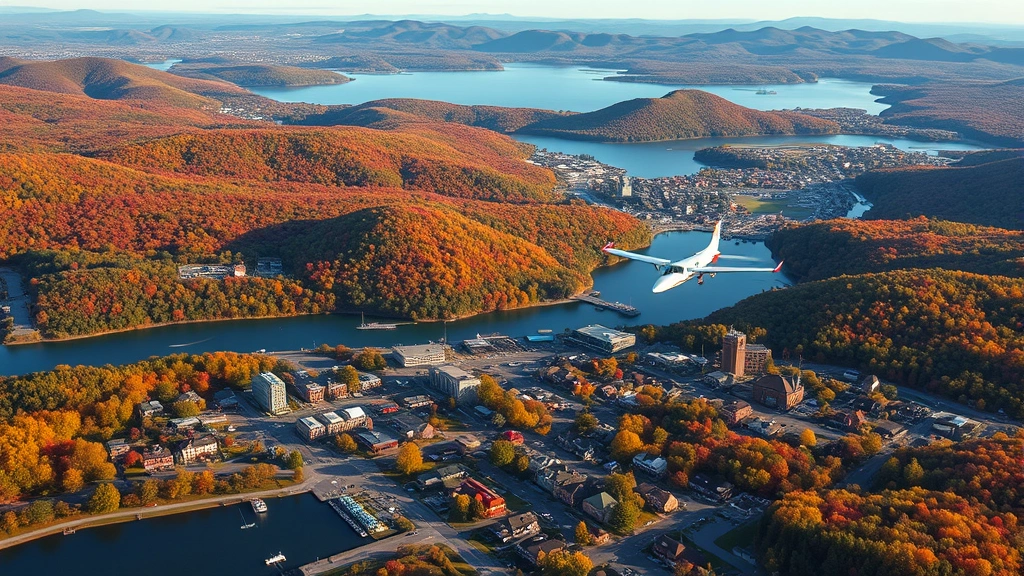 Aerial view of Burlington, Vermont in autumn with Lake Champlain visible, fall foliage covering hillsides, small aircraft approaching Edward F. Knapp State Airport in background, morning light, photorealistic
