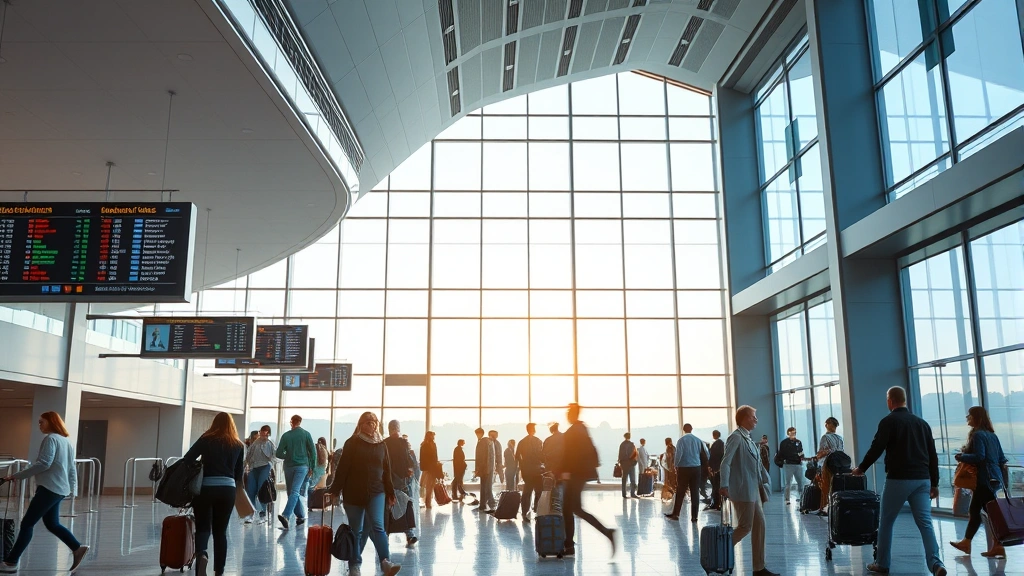 Modern airport terminal interior showing departure boards and travelers with luggage, natural lighting from large windows, contemporary airport design, diverse travelers in casual travel clothing, photorealistic
