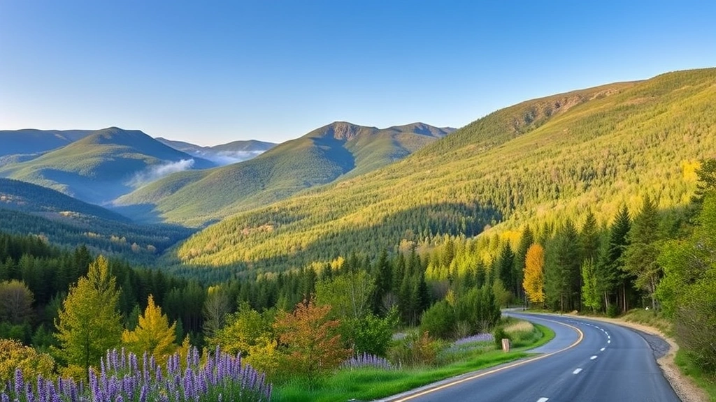 Vermont landscape showing Green Mountains in spring with wildflowers blooming, winding road through forest, clear sky, travel-ready scenic vista, no text or signs visible, photorealistic