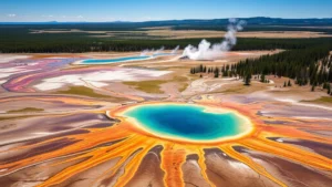 Aerial view of Yellowstone National Park with geothermal features and Grand Prismatic Spring in vibrant blues and oranges, mountains in background, sunny day, photorealistic landscape photography