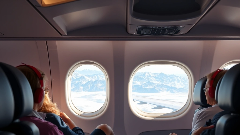 Modern aircraft cabin interior during flight with passengers looking out window at mountain ranges below, natural lighting, comfortable seating visible, mid-flight travel atmosphere