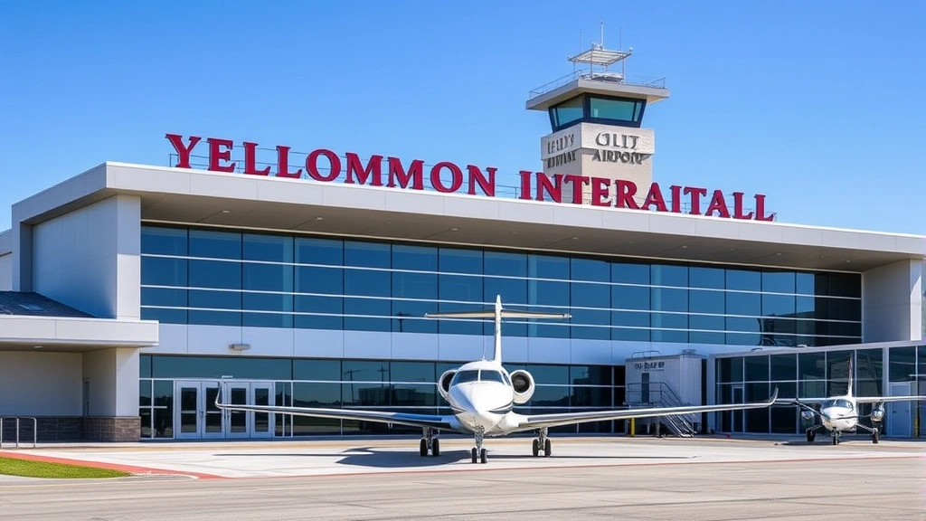 Bozeman Yellowstone International Airport terminal exterior with modern architecture, regional jet aircraft parked at gate, clear blue sky, professional aviation facility photography