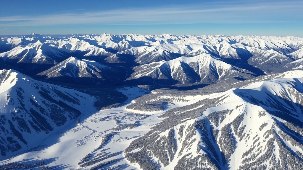 Aerial view of snow-covered Colorado Rocky Mountains with ski slopes visible, majestic winter landscape, alpine scenery