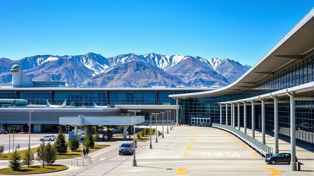 Denver International Airport terminal exterior with mountains in background, modern architecture, Colorado landscape, sunny day