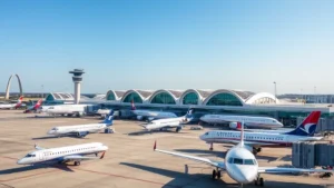 Regional jet aircraft parked at St. Louis Lambert International Airport terminal with modern gateway structures visible in daylight