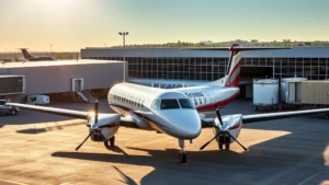 Regional turboprop aircraft parked at St. Louis Lambert International Airport terminal with morning sun, professional aviation photography, no visible text or signage