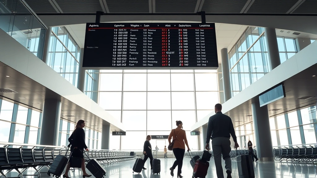 Modern airport terminal interior with departures board, business travelers with luggage, natural light streaming through windows