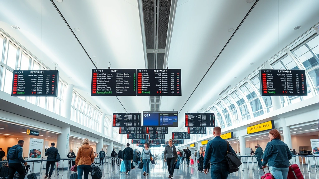 Modern airport terminal interior at St. Louis showing departure boards, travelers with luggage, bright natural lighting, professional travel photography, no readable text