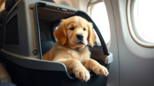 Golden retriever puppy sitting calmly in a pet carrier inside an airplane cabin with soft window light, looking peaceful and comfortable during flight