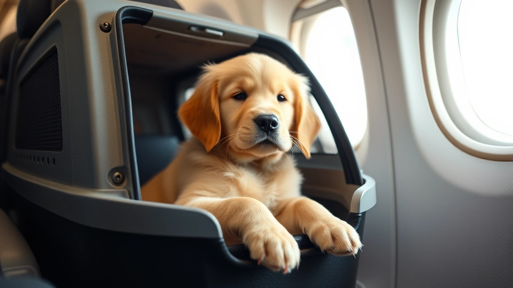 Golden retriever puppy sitting calmly in a pet carrier inside an airplane cabin with soft window light, looking peaceful and comfortable during flight