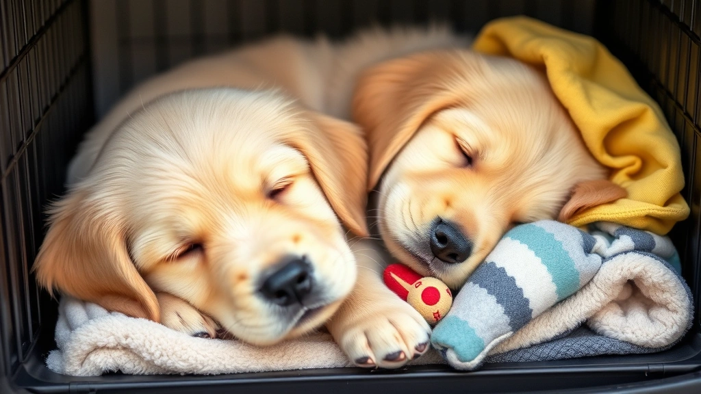 Golden retriever puppy resting peacefully in a travel crate with comfort items like blanket and toy, demonstrating proper preparation for air travel journey