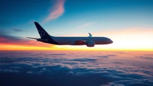Modern Boeing 787 Dreamliner aircraft soaring over Pacific Ocean at sunset with ocean horizon and clouds below, professional aviation photography