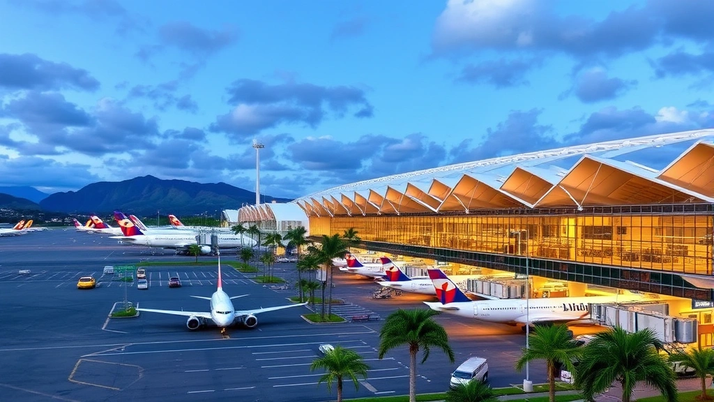 Honolulu International Airport terminal with modern architecture, Hawaiian tropical landscape, planes at gates, daytime bright lighting, busy but orderly airport scene