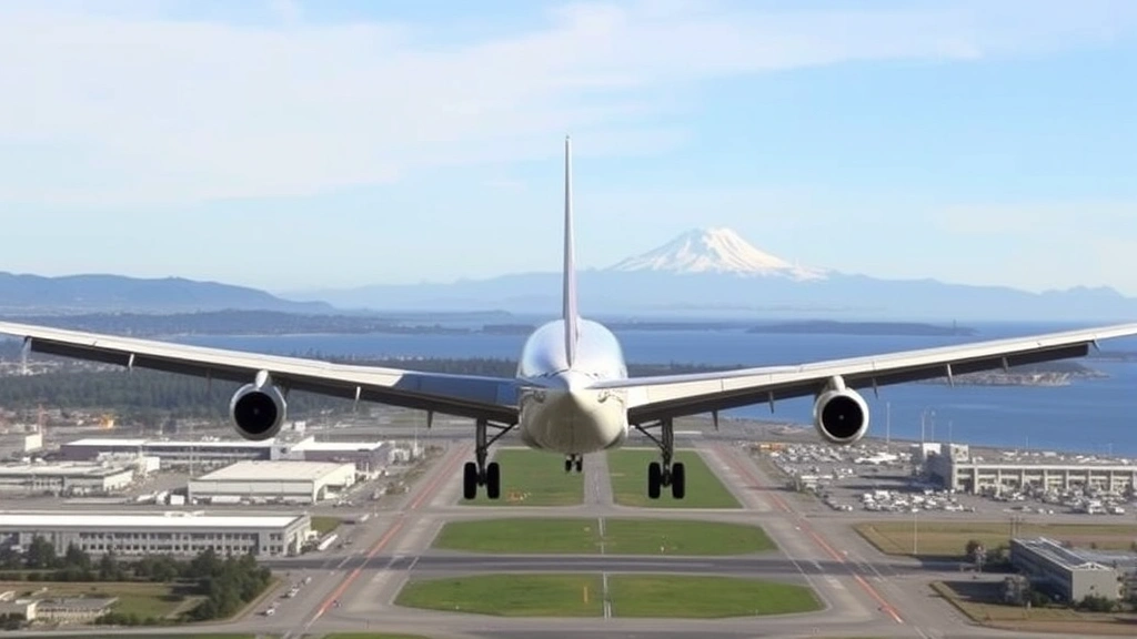Commercial aircraft approaching Seattle-Tacoma International Airport with Puget Sound and Mount Rainier visible in background, clear daytime photography, professional aviation perspective