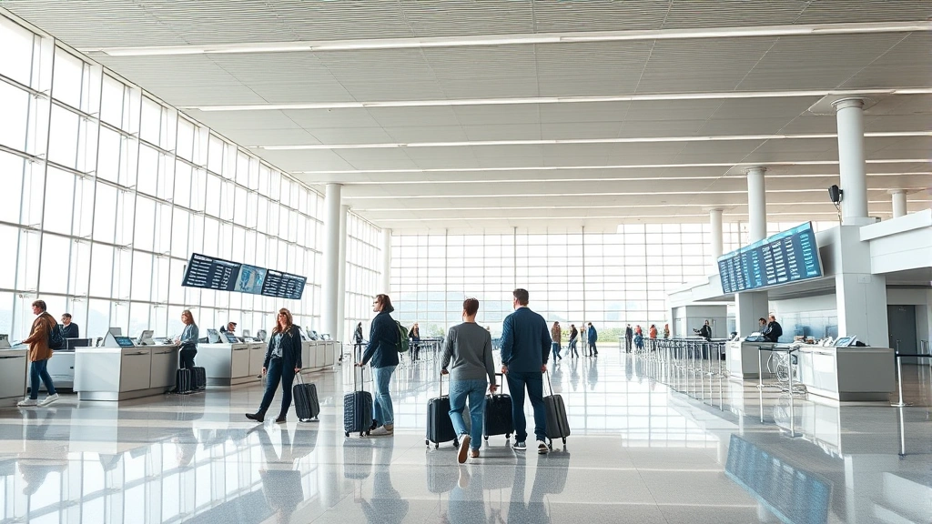 Modern airport terminal interior showing check-in counters and departures board with travelers with luggage, bright natural lighting, realistic airport environment