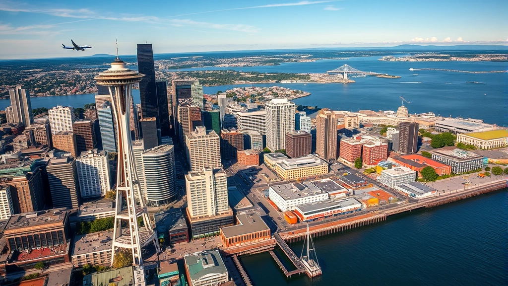 Aerial view of Seattle skyline featuring Space Needle, Pike Place Market waterfront, and Puget Sound with passenger airplane in distance, sunny Pacific Northwest day
