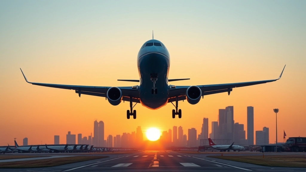 Modern commercial airplane ascending from Houston airport runway at sunrise with city skyline in background, clear blue sky, professional aviation photography