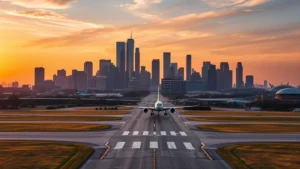 Aerial view of Houston skyline with IAH airport runway during golden hour sunset, commercial aircraft approaching landing