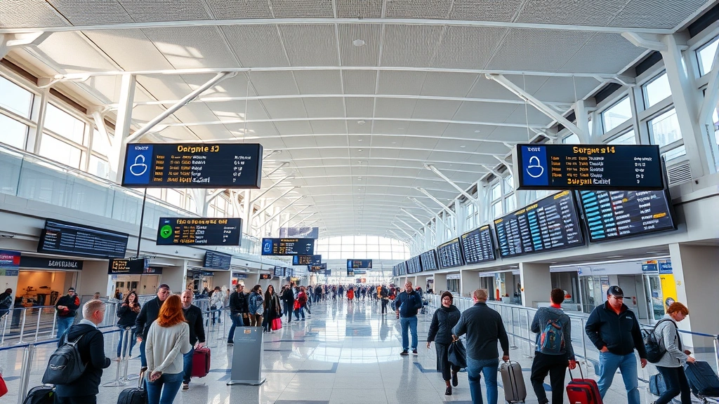 Boston Logan International Airport terminal interior showing departure boards and travelers with luggage, bustling airport atmosphere, natural lighting