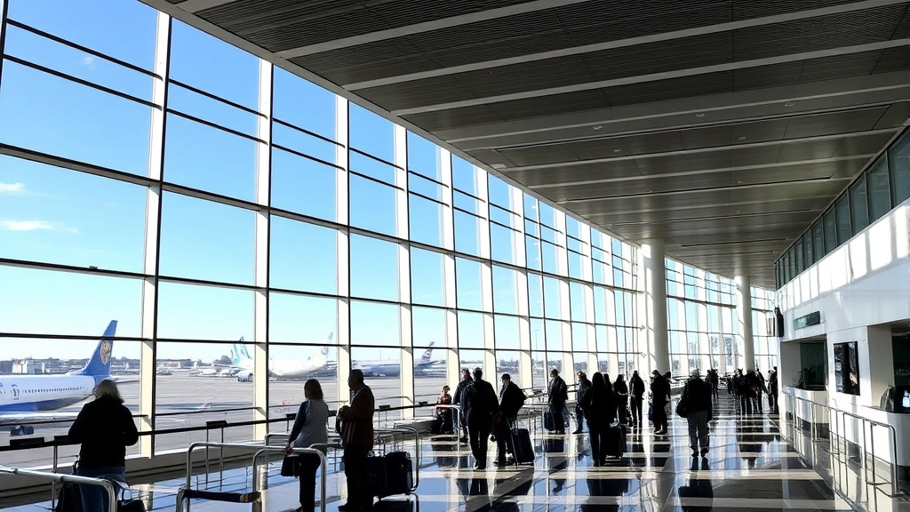 Boston Logan Airport terminal interior with modern architecture, travelers at check-in counters, planes visible through windows
