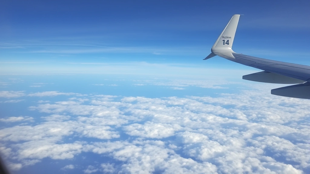 Aerial view of Atlantic coastline between Houston and Boston with aircraft wing visible in frame, clouds below, transcontinental flight perspective