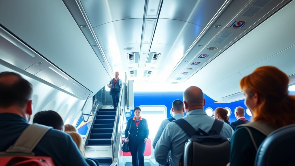 Passengers boarding Southwest Airlines aircraft at gate, bright cabin interior, flight attendants welcoming travelers onboard