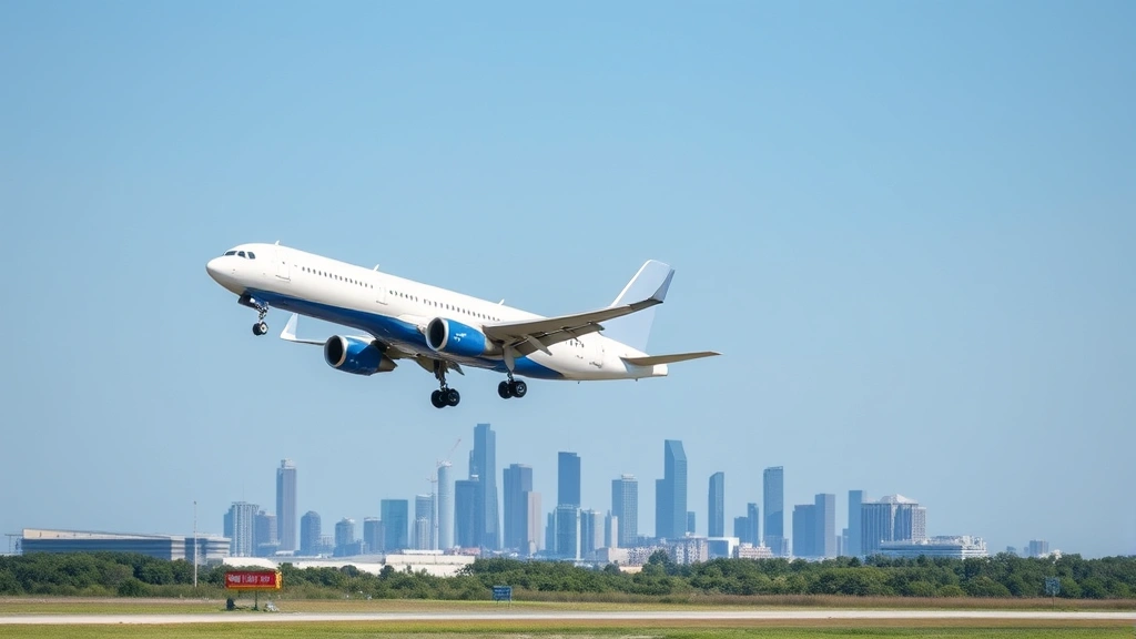 Modern commercial aircraft taking off from Houston airport runway with city skyline visible in background under clear blue sky