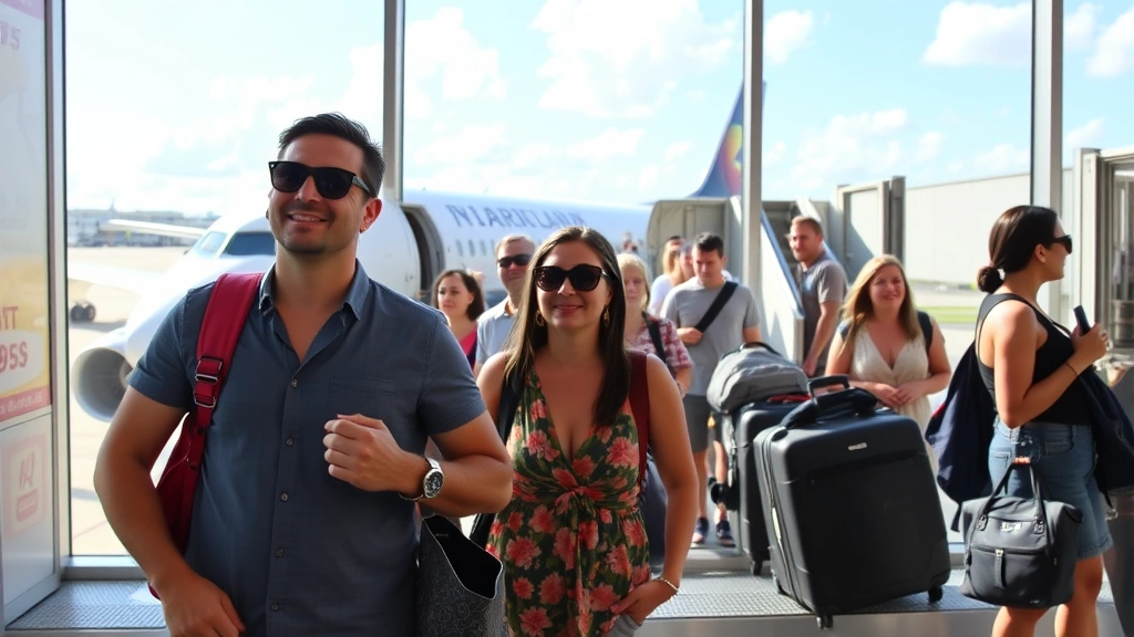 Passengers boarding international flight at Houston airport gate, tropical destination vacation excitement, sunglasses and summer attire visible