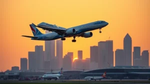 Modern commercial airplane taking off at sunrise from Houston airport with city skyline in background, golden hour lighting, realistic photography
