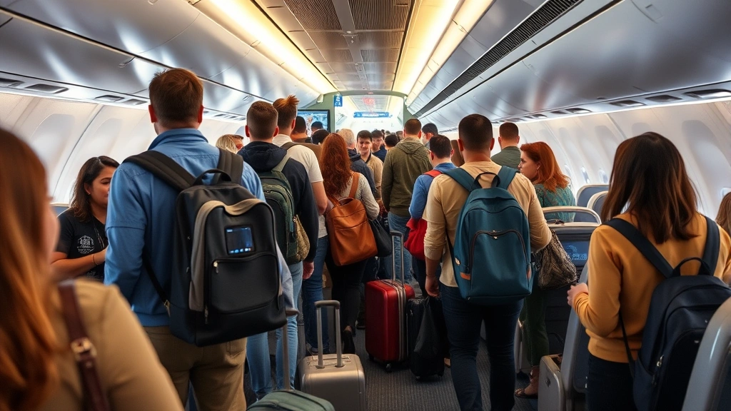 Passengers boarding aircraft at gate, diverse travelers with carry-on luggage, inside aircraft cabin view, realistic travel scenario photography