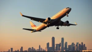 Modern passenger aircraft taking off at sunrise from Houston airport with city skyline visible in background, golden hour lighting, clear blue sky, professional aviation photography