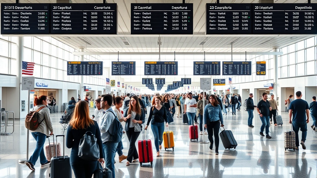 Busy airport terminal interior showing departure boards and travelers with luggage, modern architecture, natural lighting, diverse passengers preparing for flights