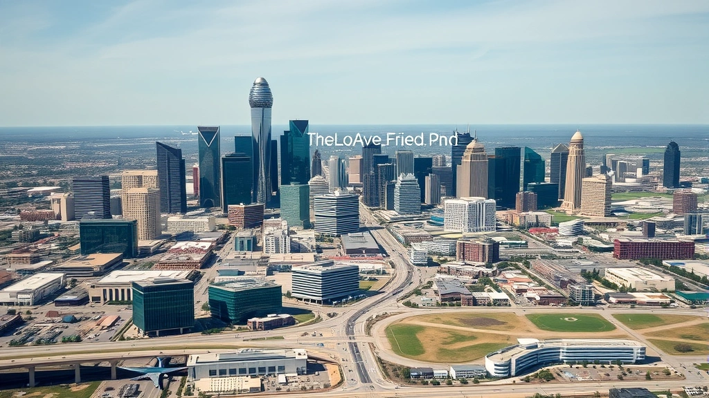 Dallas skyline with modern skyscrapers and Love Field airport approach corridor, aerial perspective showing urban landscape, clear weather, professional travel destination photography