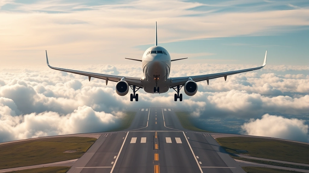 Aerial view of modern commercial aircraft ascending from Houston airport runway with Texas landscape and clouds below, bright daylight, photorealistic