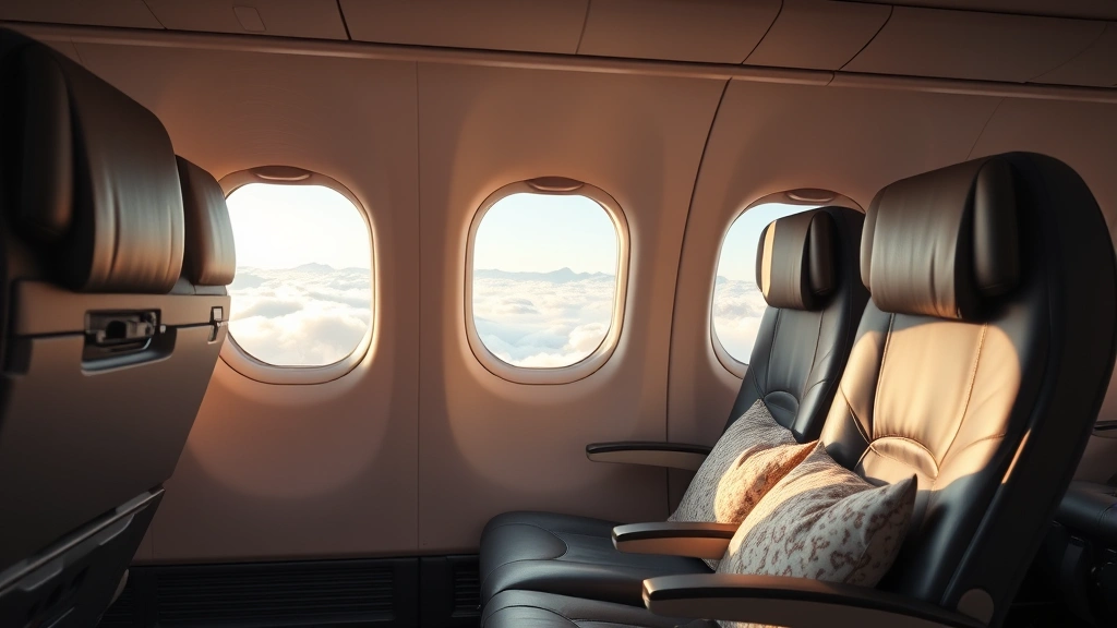 Interior cabin shot of modern commercial jet showing comfortable economy seating with window views of clouds and distant mountains, warm natural lighting