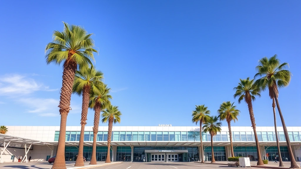 Los Angeles International Airport terminal exterior with palm trees, modern architecture, and blue sky, showing busy travel atmosphere without text or signage